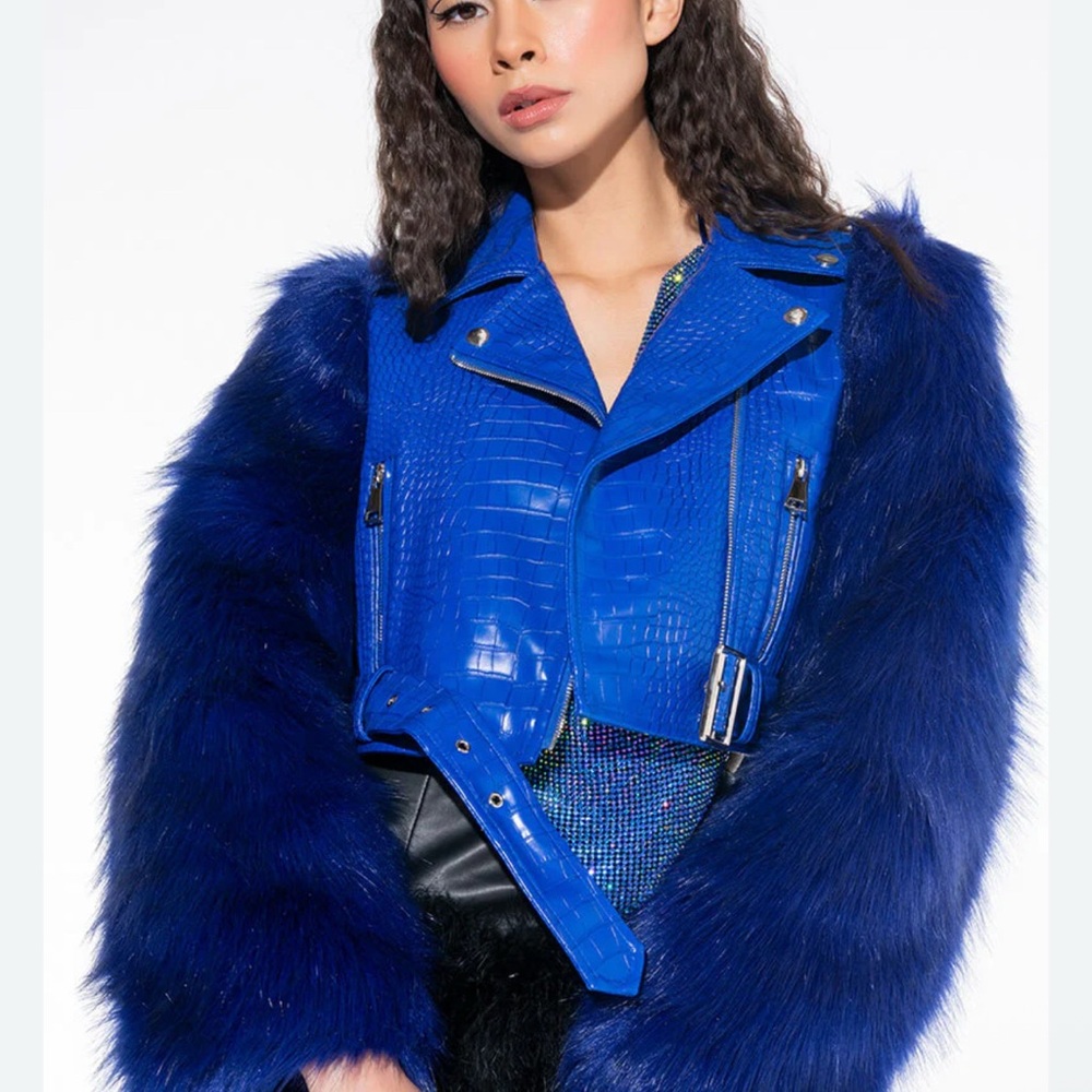 AKIRA Royal Blue Faux Fur Leather Jacket